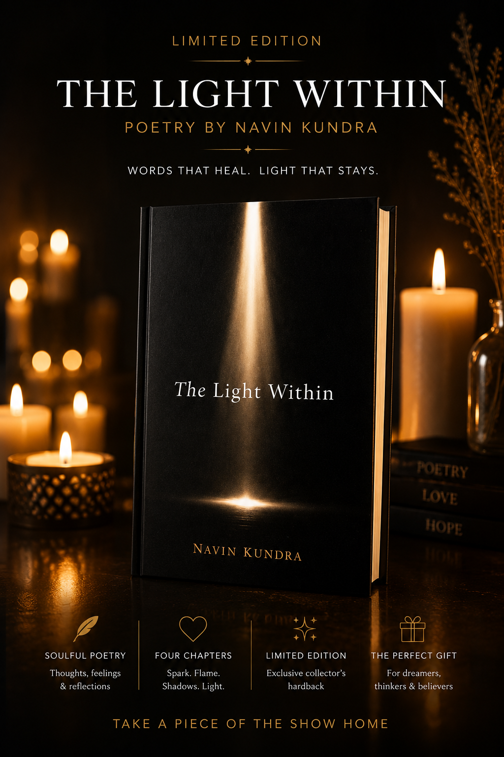 The Light Within limited edition hardback standing in candlelight