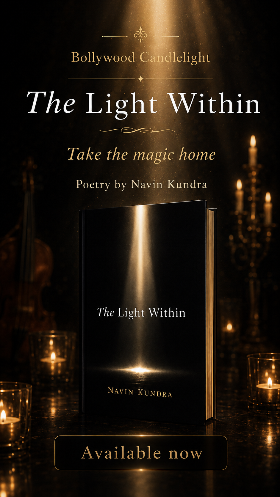The Light Within — poetry collection by Navin Kundra, hardback cover in candlelight