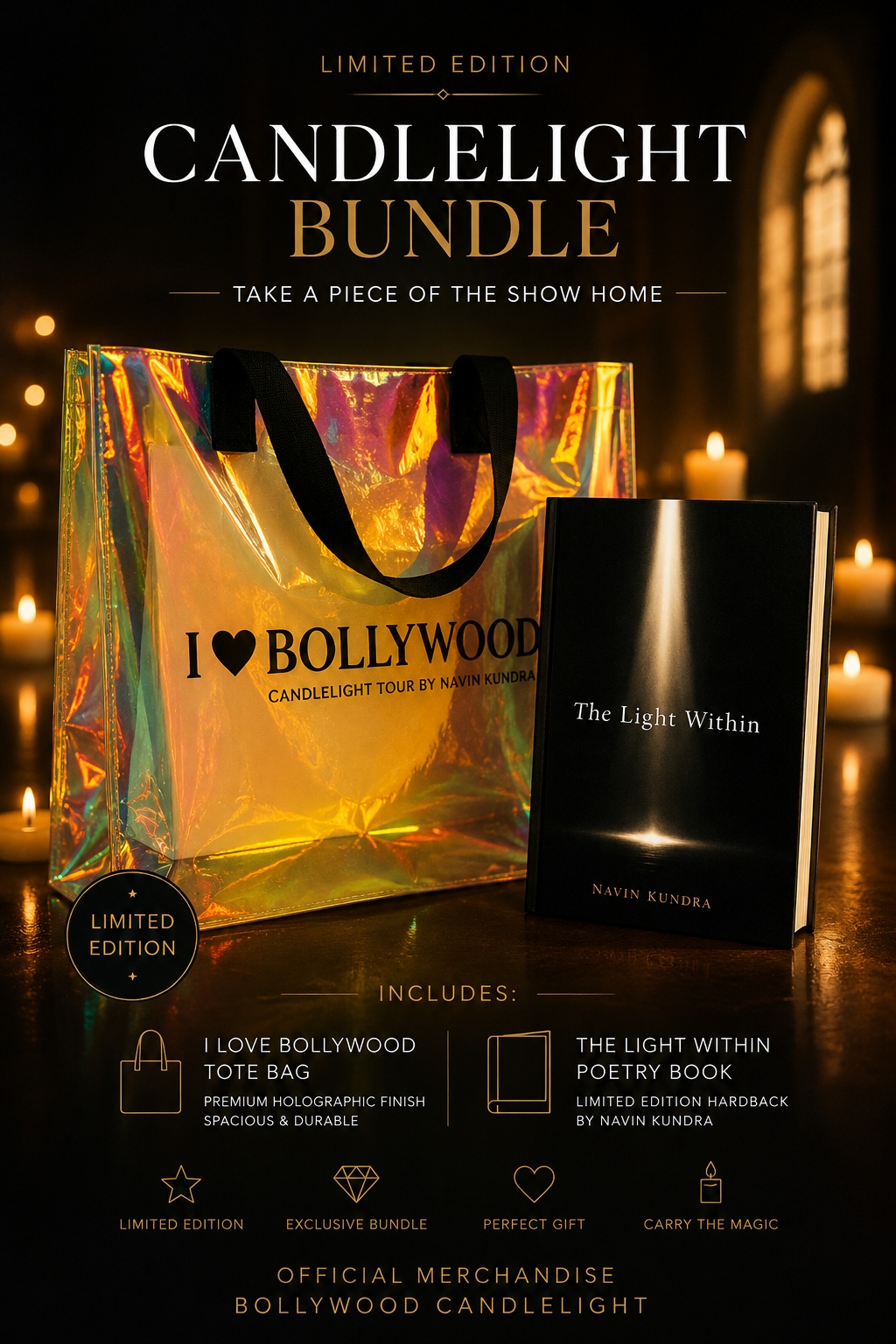 The Candlelight Bundle — signed book with holographic I love Bollywood tote in candlelight
