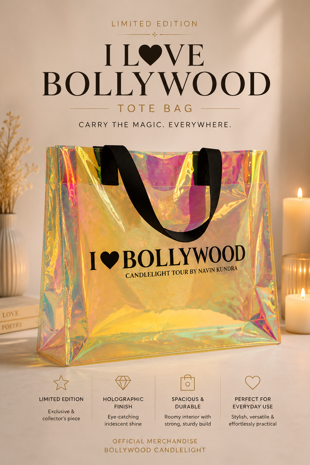 Limited Edition I love Bollywood holographic premium tote bag