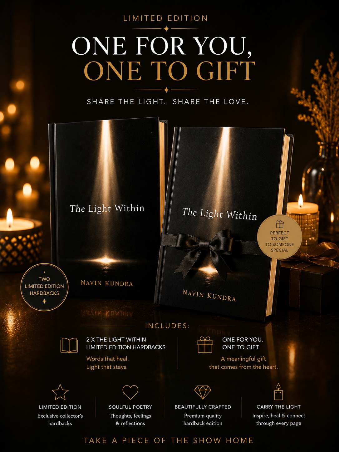 Two signed copies of The Light Within, one tied with a black ribbon, in candlelight