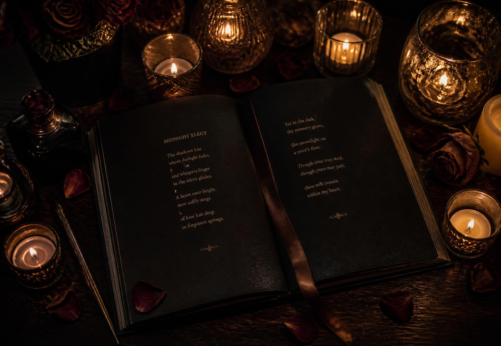 A poetry book open among candles